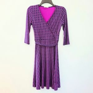 41 Hawthorne Vibrant Purple Faux Wrap Geometric Pattern Dress w/ Matching Belt